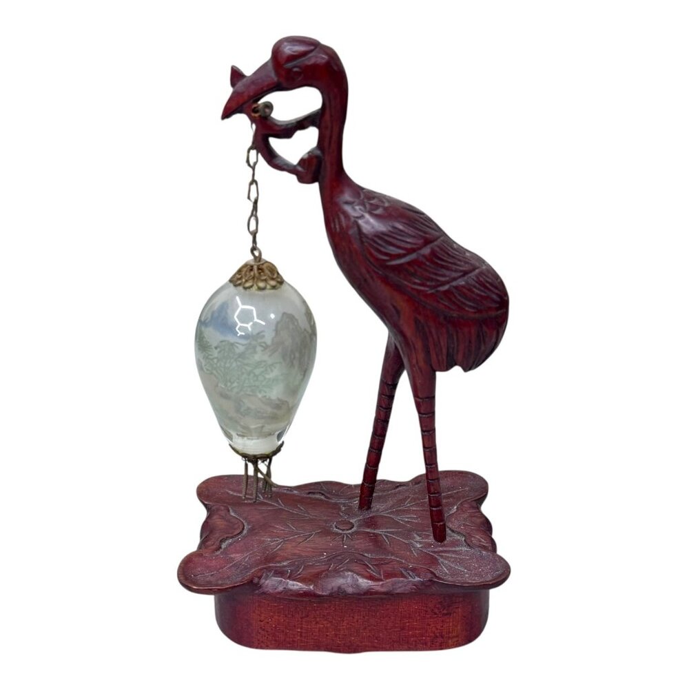 Vintage Hand-Carved Wooden Crane Reverse Painted Hanging Oriental Egg Ornament